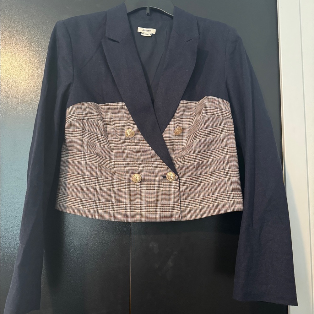 Jason Wu Navy Linen & Plaid Mixed Media Double Breasted Cropped Blazer M - Picture 7 of 8
